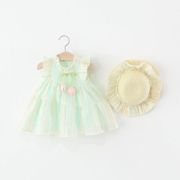 Girls Vertical Striped Tulip Fly Sleeve Dress
