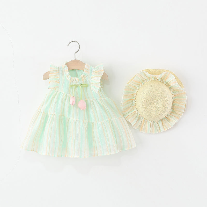 Girls Vertical Striped Tulip Fly Sleeve Dress