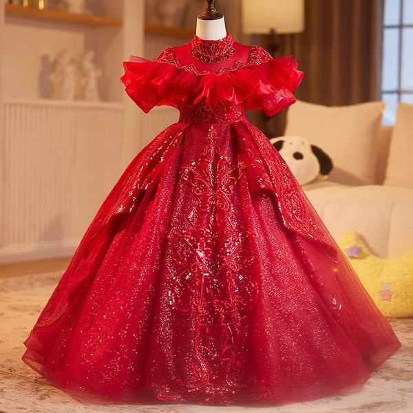 Red Girls Birthday Dress Children's Prom Princess Dress Flower Girl Wedding Dress