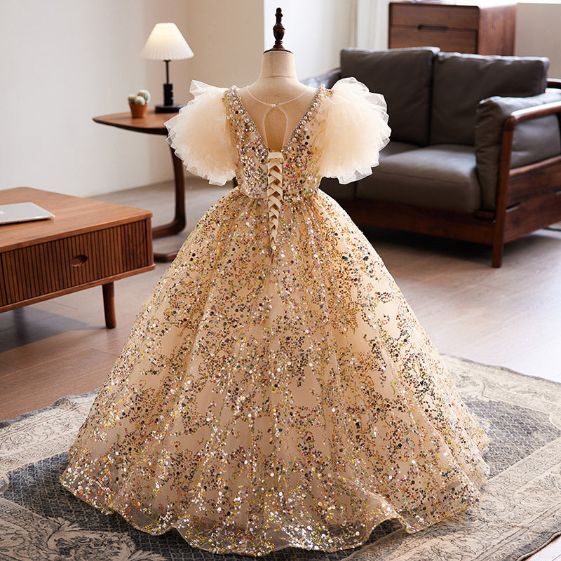 Luxurious Baby Girl Dress Children Pageant Gold Sequin Birthday Princess Dress