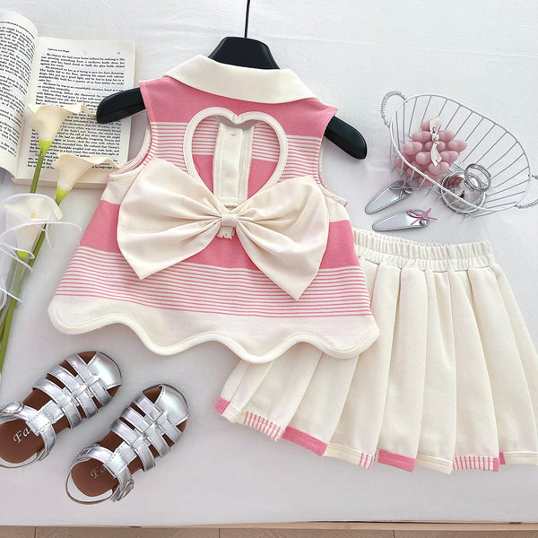 Girls Summer Backless Bow Top Pleated Skirt Two-Piece Set
