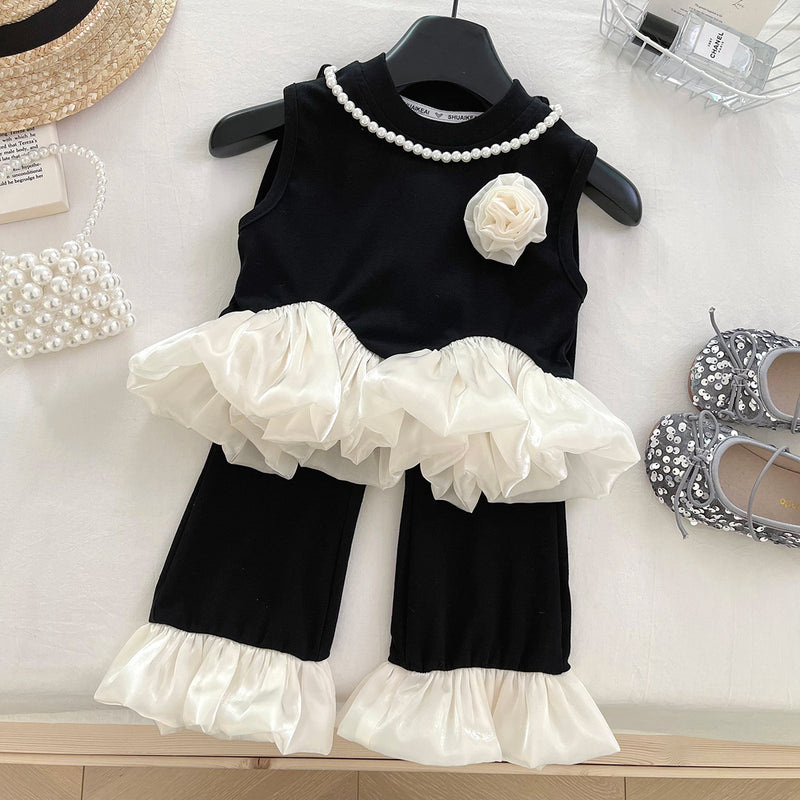 Girls Summer New Ruffle Vest Flared Pants Two-piece Set