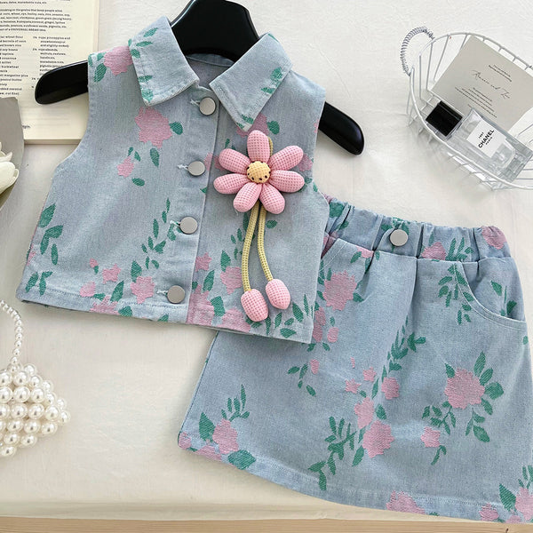 Girls Summer Printed Denim Top and Short Skirt Two-piece Set
