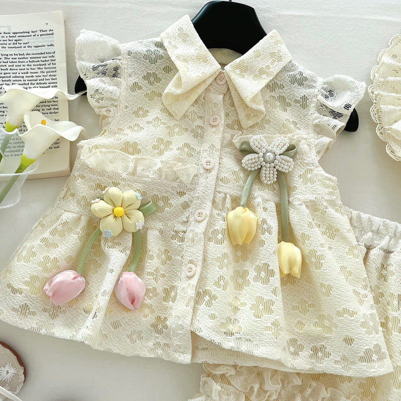 Baby Girls New Fly Sleeve Lace Top Shorts Two-Piece Set