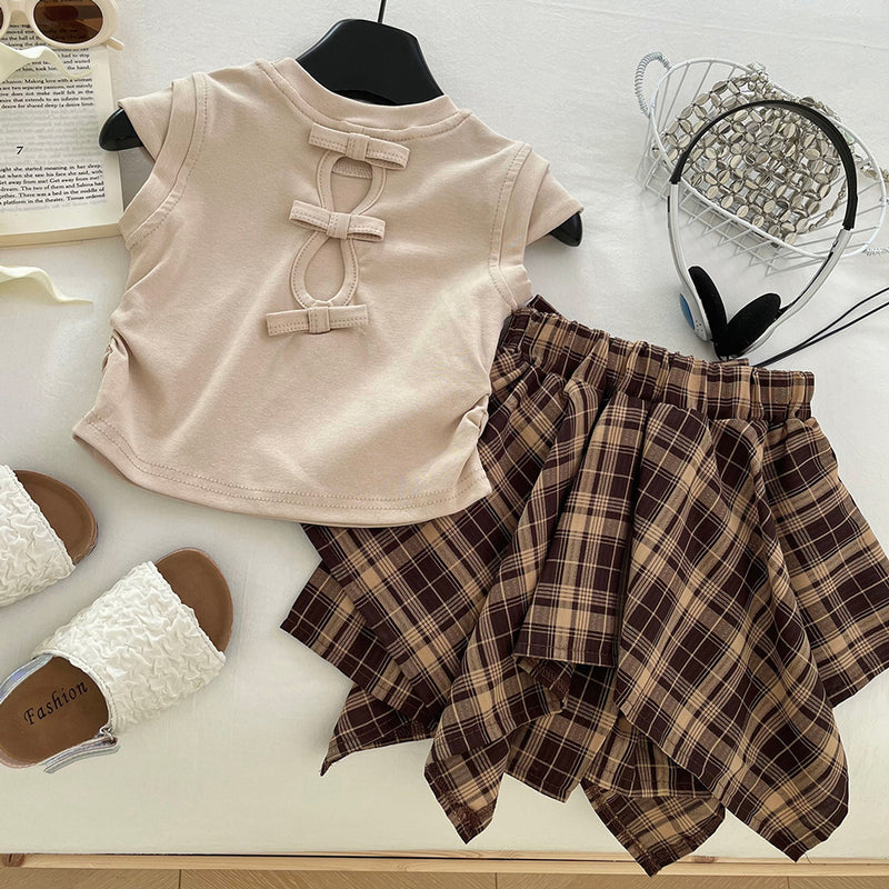 Girls' Summer Embroidered T-shirt Plaid Bow Irregular Skirt Two-piece Set