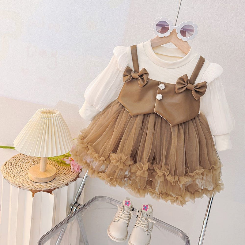 Girls Autumn PU Leather Fake Two-Piece Puffy Princess Dress