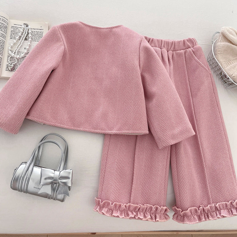 Girls' Winter Ruffled Trim Jacket Straight-Leg Pants Two-Piece Set