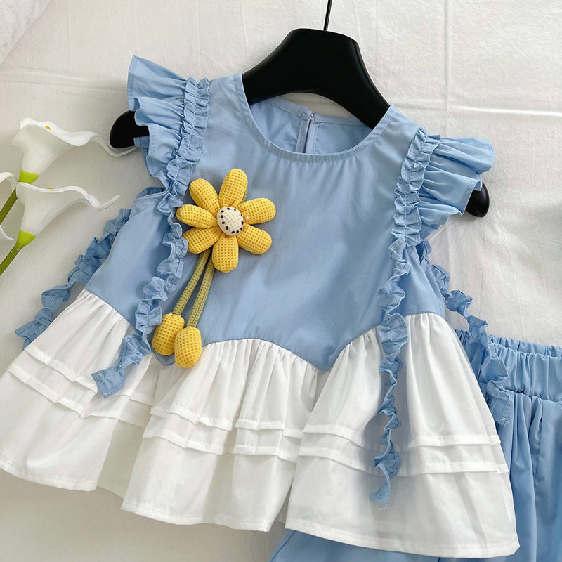 Summer Girls Fluffy Shorts Set Flower Top Two-piece Set