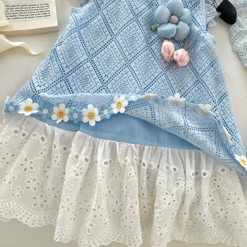 Girls Cute Lace Stitching Flying Sleeves Princess Dress