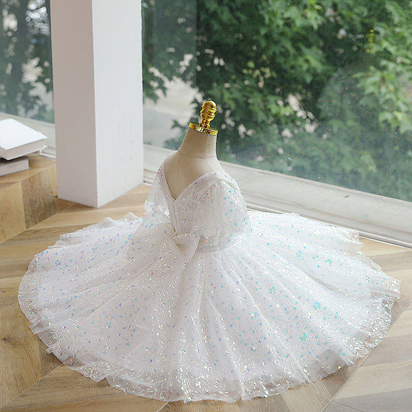 Elegant Baby Girls White Sequined Mesh Dress Toddler Flower Girl Dresses