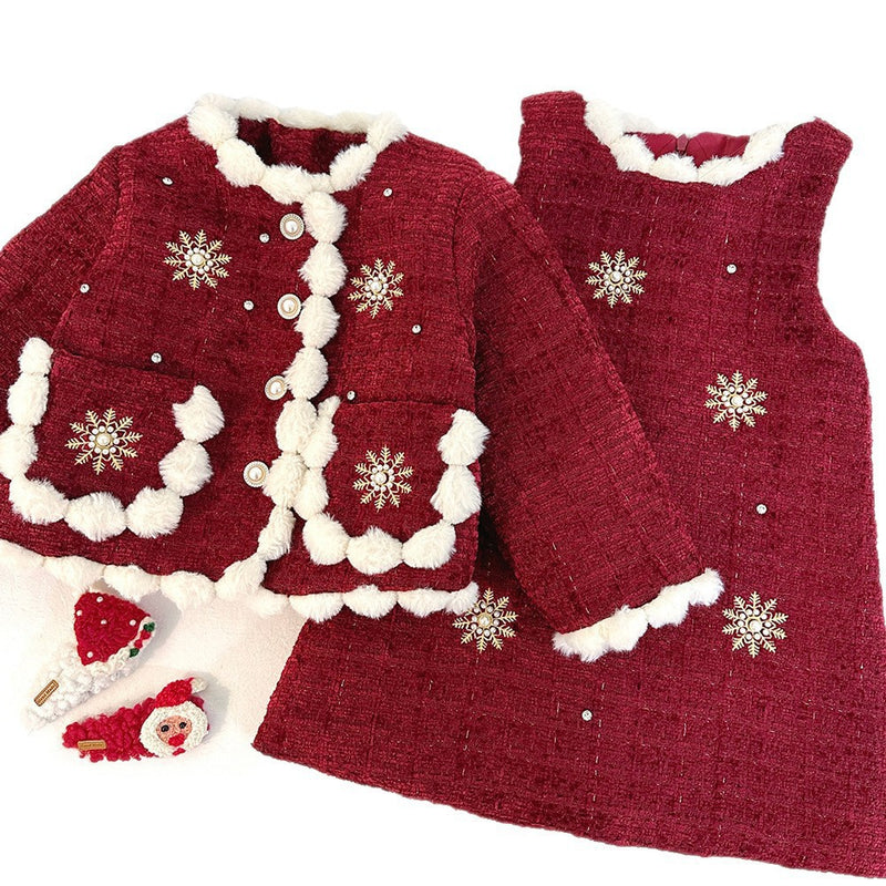 Baby Girl Winter Coat Vest Dress Two-piece Set