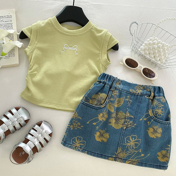 Girls Summer Printed T-shirt Denim Skirt Two-piece Set