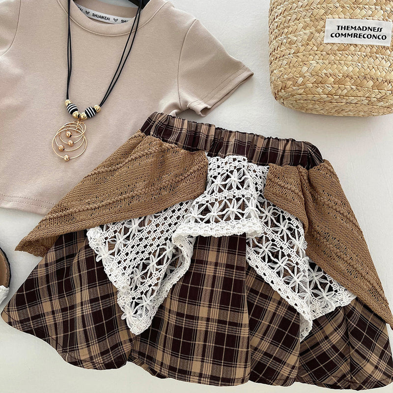 Girls' Summer Ripped T-shirt Irregular Plaid Skirt Two-Piece Set