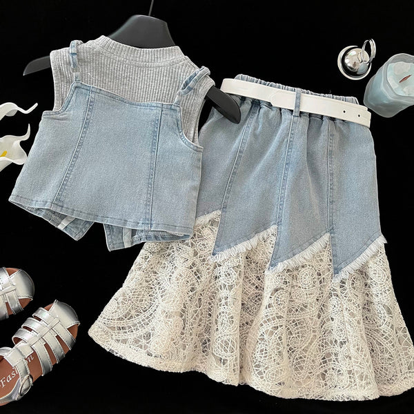 Girls' Summer Lace-Panel Denim Top Vest Skirt Three-Piece Set