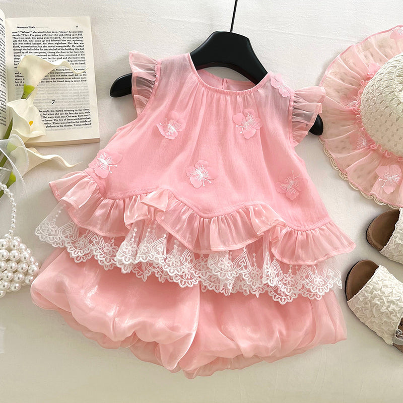 Girls Embroidered Fly Sleeve Top Flower Bud Shorts Two-piece Set