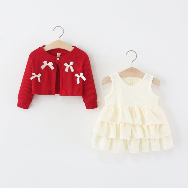 Girls Autumn Knitted Cardigan Cake Dress Two-Piece Set