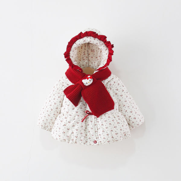 Girls' Winter Floral Print Scarf Hooded Cotton Coat