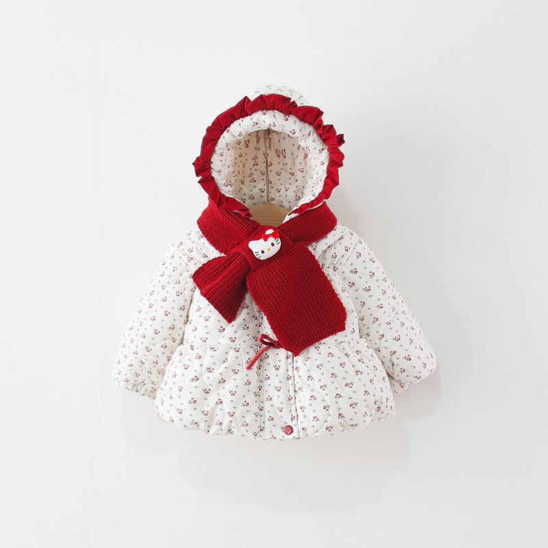 Girls' Winter Floral Print Scarf Hooded Cotton Coat