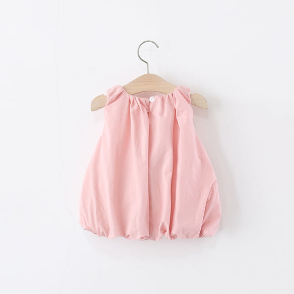 Girls Summer Sleeveless Solid Color Bowknot Flower Bud Princess Dress