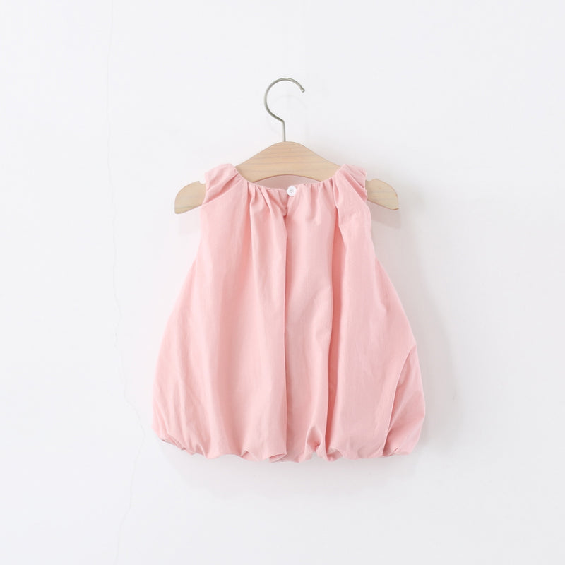 Girls Summer Sleeveless Solid Color Bowknot Flower Bud Princess Dress