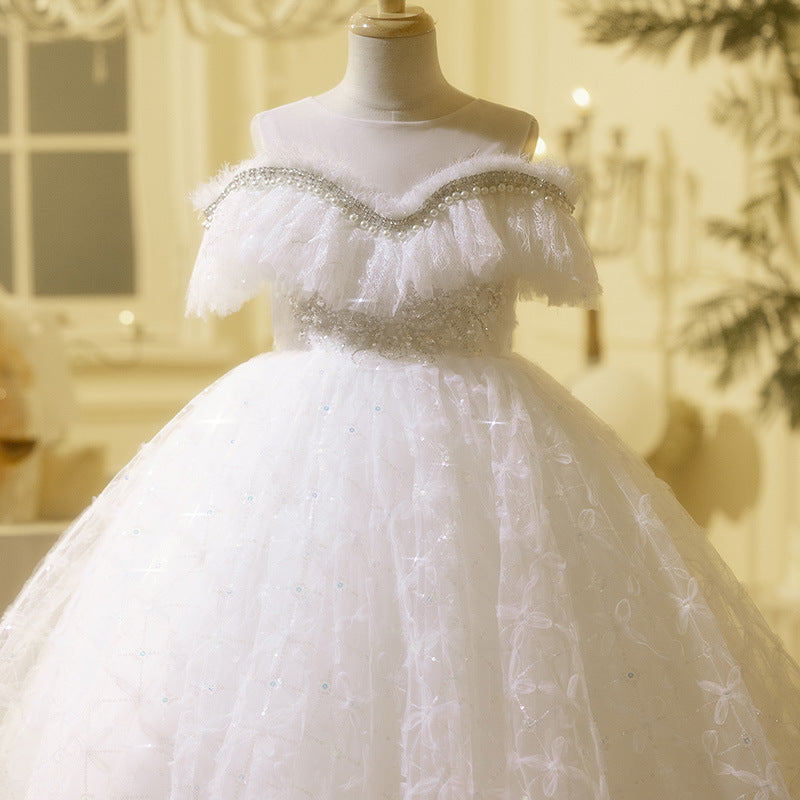 Girls Birthday White One Shoulder Dress Girls Prom Princess Dress