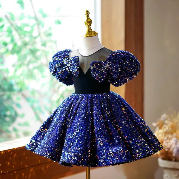 Elegant Baby Girls Dark Blue Sequin Bow Princess Dress Toddler Prom Dress