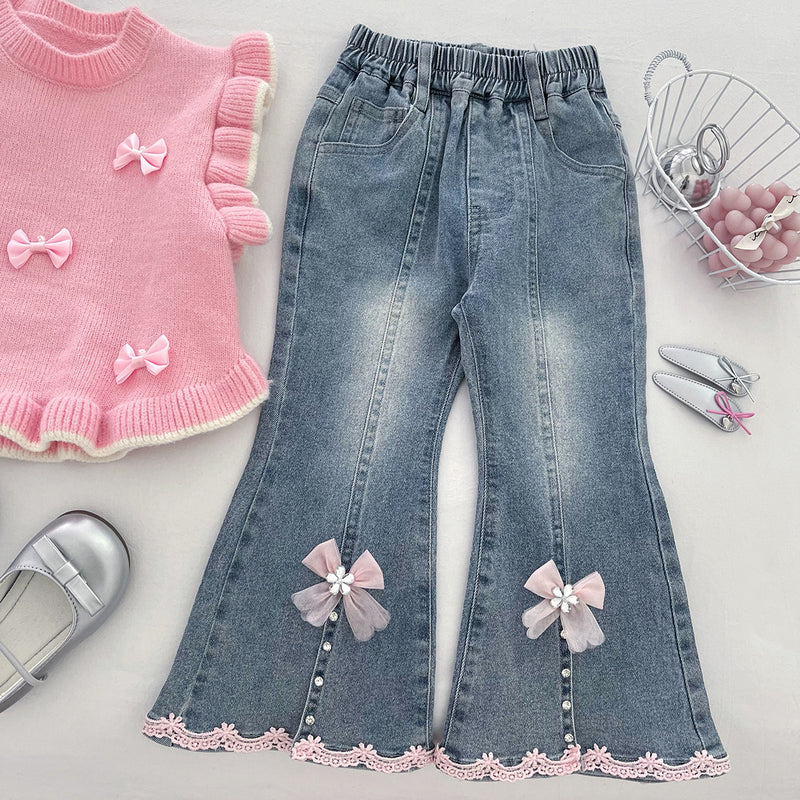 Girls' Solid Color Bow-knitted Vest Lapel Shirt and Jeans Three-piece Suit