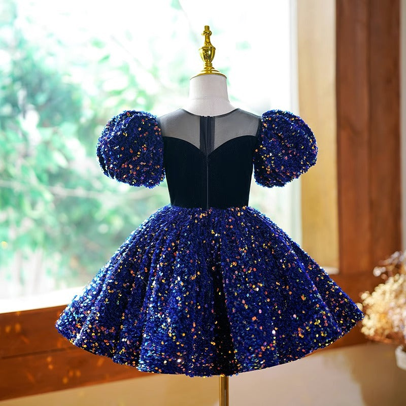 Elegant Baby Girls Dark Blue Sequin Bow Princess Dress Toddler Prom Dress