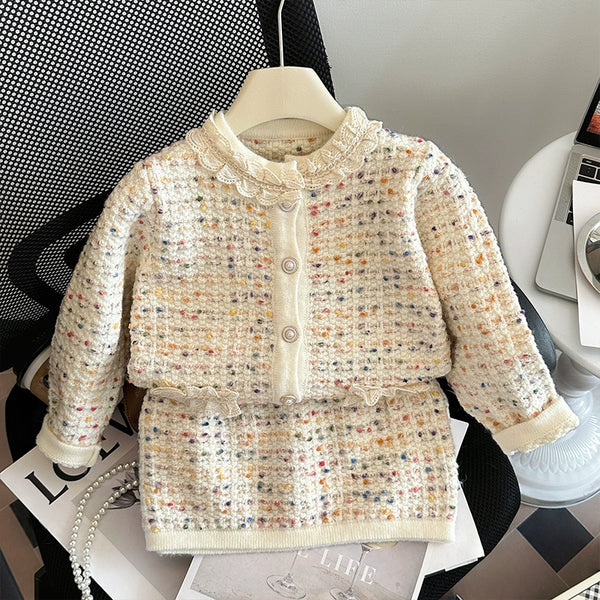 Girls' Knitted Cardigan Jacket and Short Skirt Two-piece Set