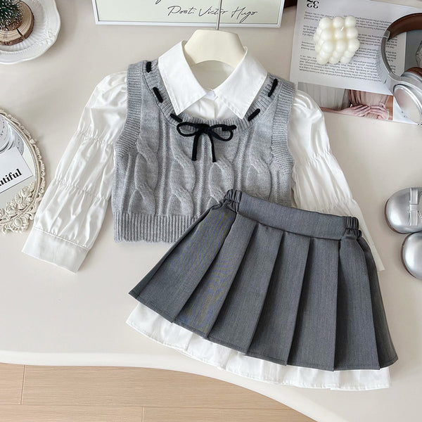 Girls' New Wool Vest Shirt and Skirt Three-piece Suit