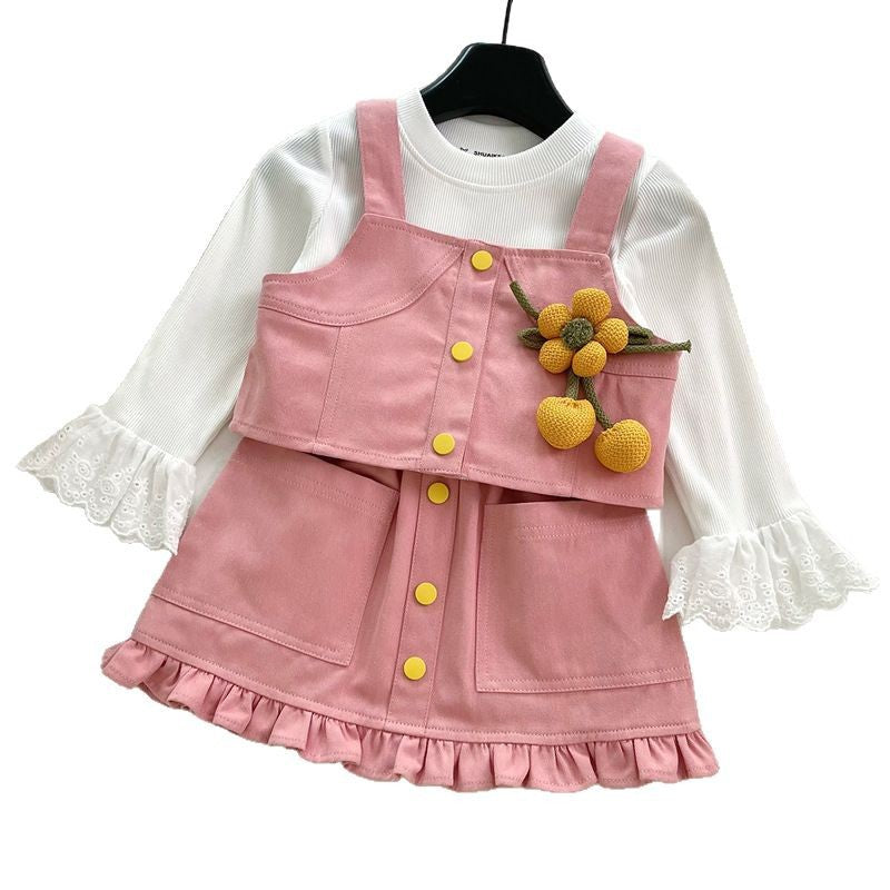 Girls New Denim Overalls Skirt Bottoming Shirt Two Piece Set