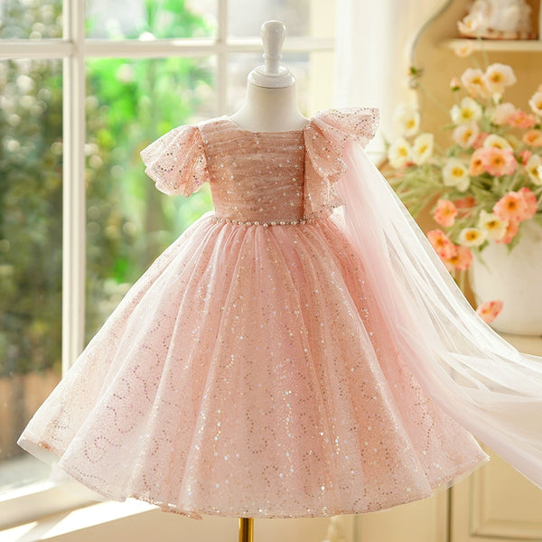 Elegant Baby Girls Pink Sequin Mesh Birthday Evening Dress Toddler Formal Dress