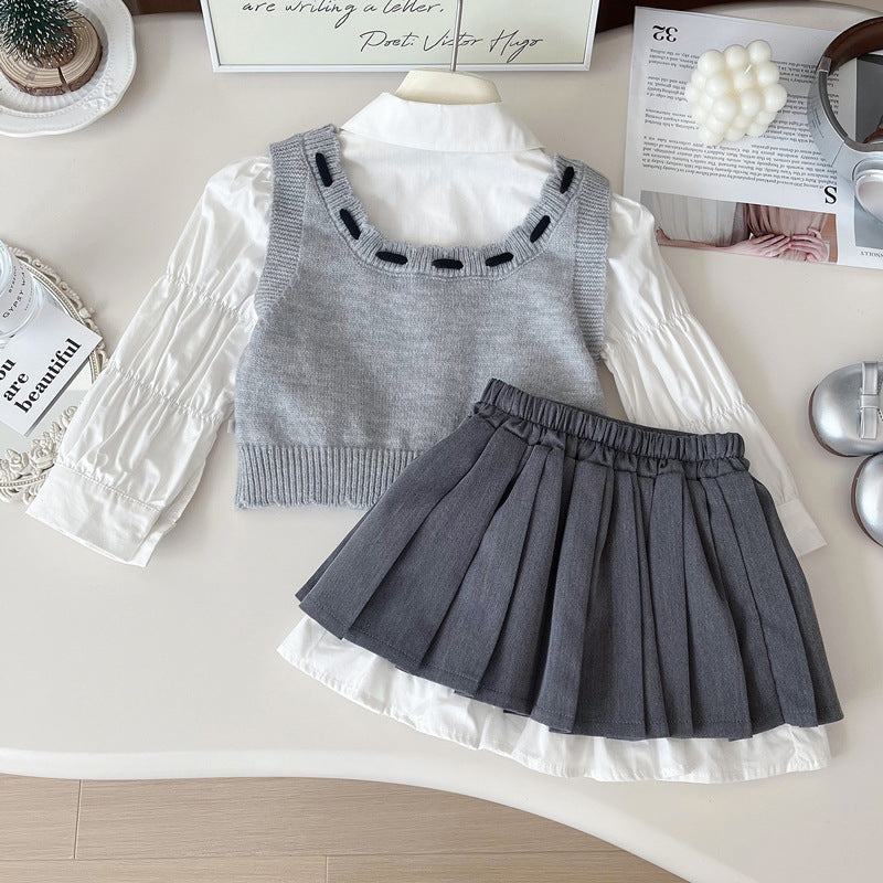 Girls' New Wool Vest Shirt and Skirt Three-piece Suit