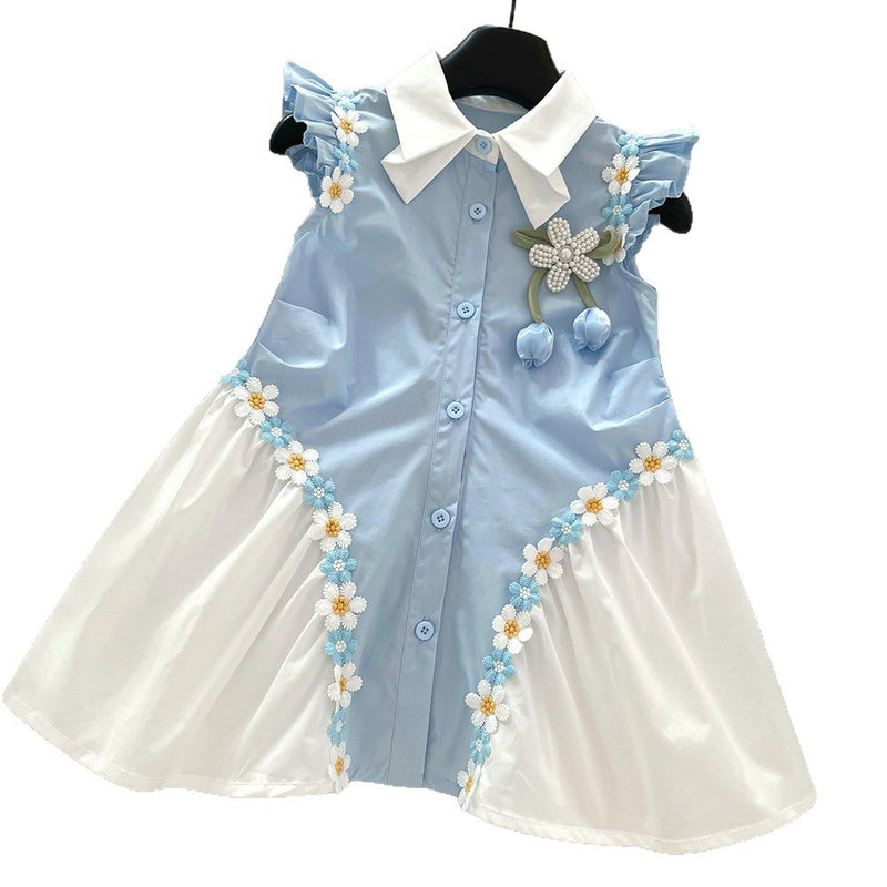 Girls Summer New Flying Sleeve Flower Splicing Princess Dress