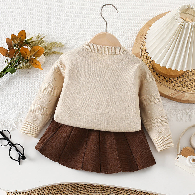 Girls' Bow Knitted Sweater Pleated Skirt Two-Piece Set