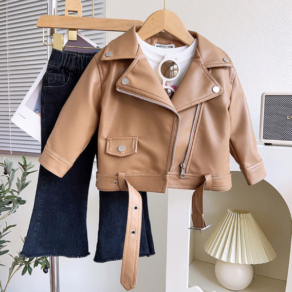 Girls Leather Zipper Motorcycle Two Piece Jacket
