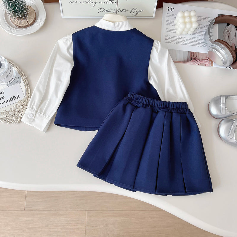 Girls' Cute New Vest Shirt Pleated Skirt Three-piece Set