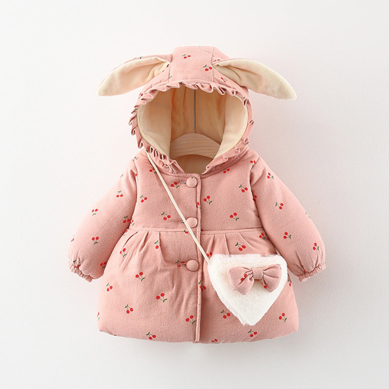 Girls' Winter Printed Bunny Ear Cotton Coat