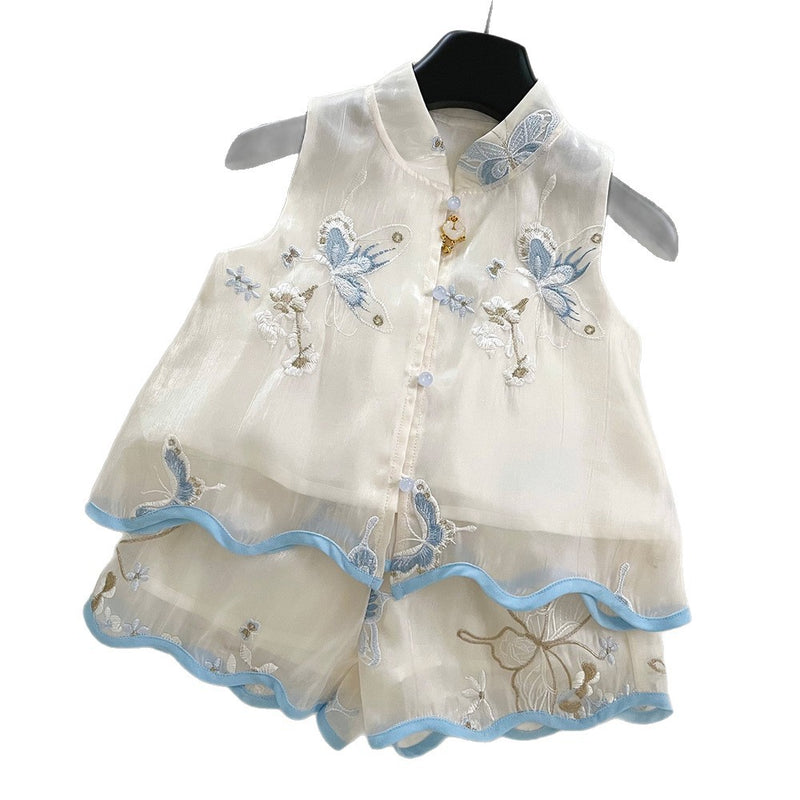 Girls Summer Embroidered Sleeveless Tops Shorts Two-piece Set
