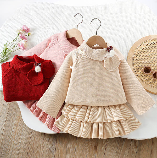 Girls' Solid Color Scarf Pullover Sweater Cake Skirt Two-piece Set