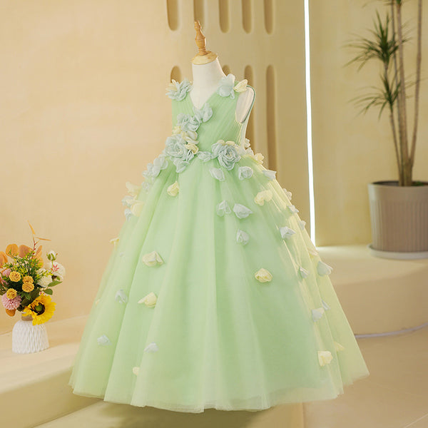Baby Girl Green Flower Puffy Dress Toddler Birthday Festival Princess Dress