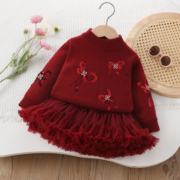 Girls' Sequin Bow Knitted Pullover Tutu Skirt Two-Piece Set