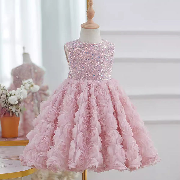 Girls Birthday Sequin Princess Dress Children Rose Flower Puffy Dress