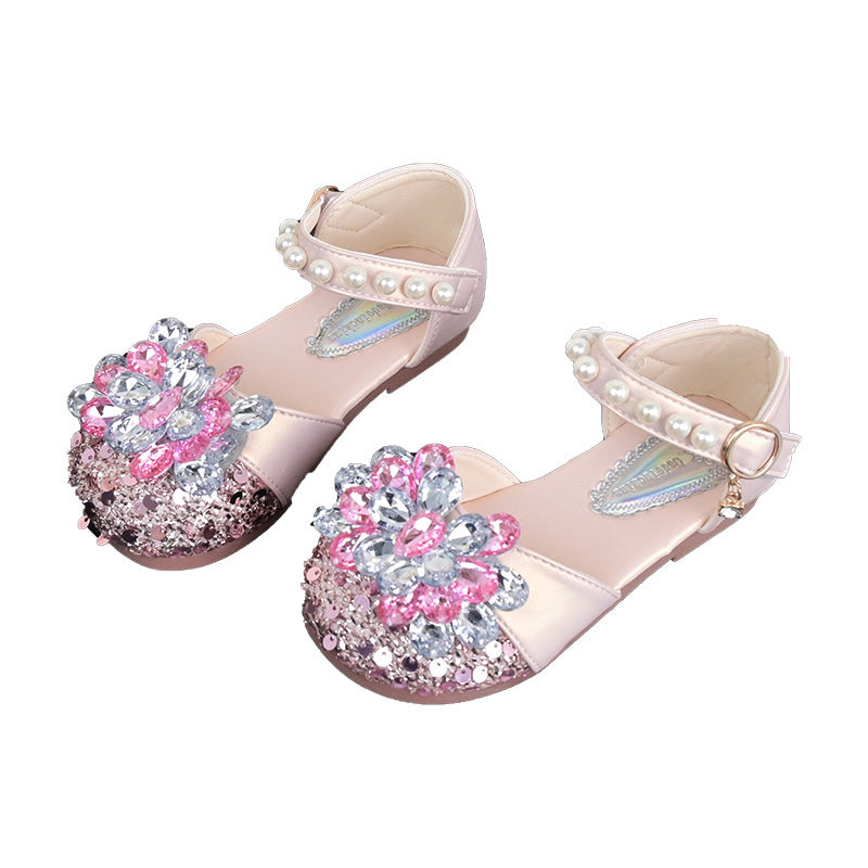 Girls Rhinestone Pearl Closed Toe Princess Shoes
