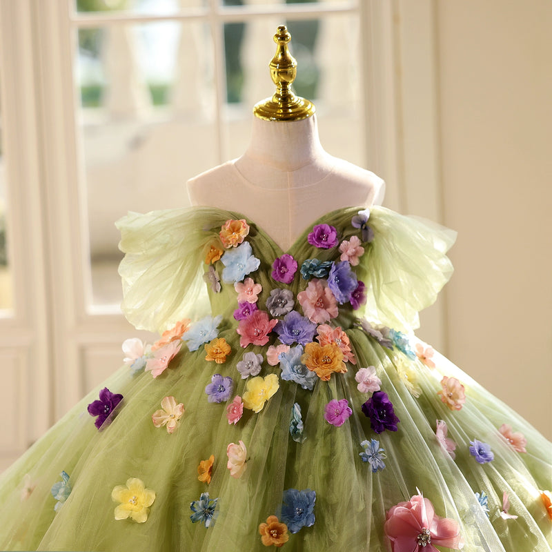 Girls Green Flower Birthday Princess Dress Children's Ball Dress