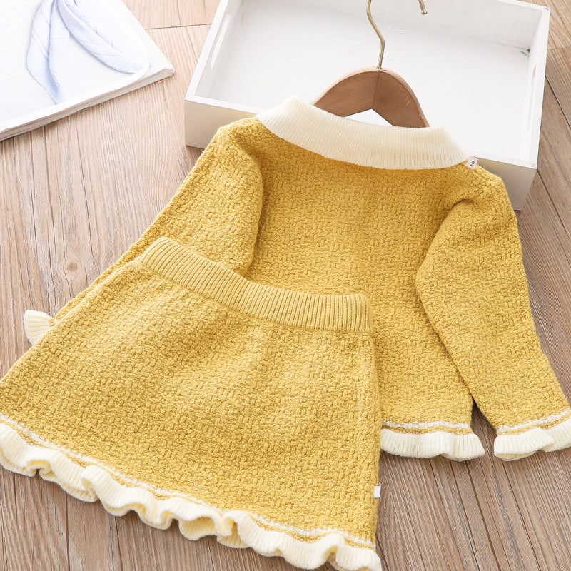 Cute Baby Girl Bow-knot Winter Dress Infant Knitted Sweater Two Piece Set Dress