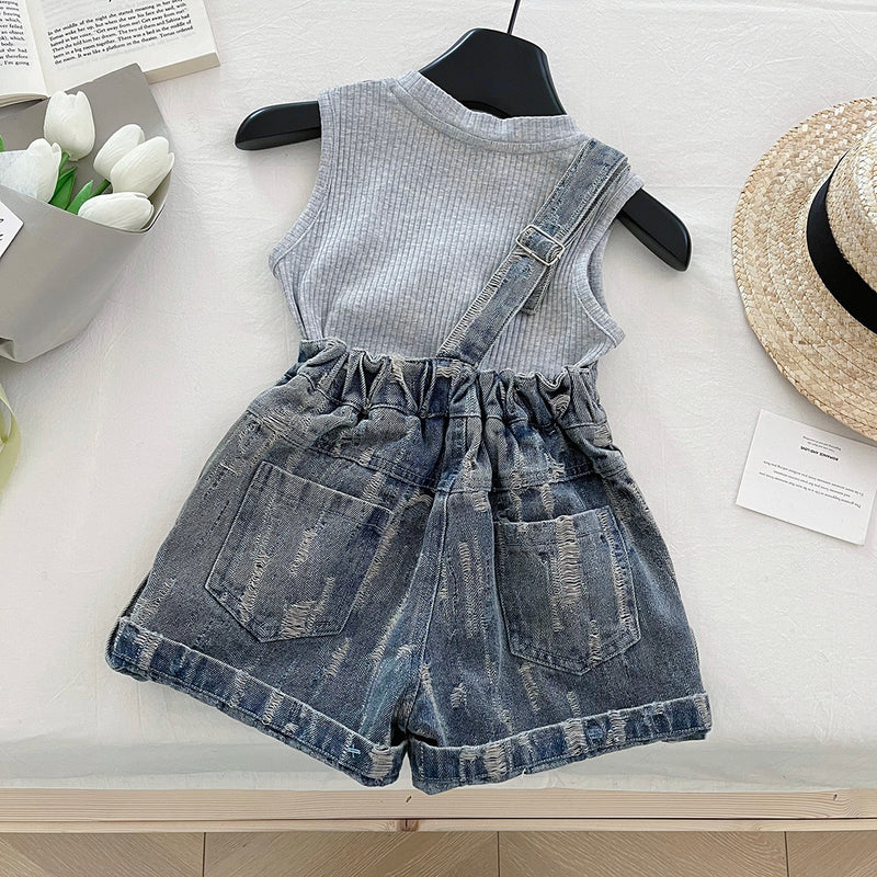 Girls Suit Summer New Knitted Vest Denim Overalls Two-piece Suit