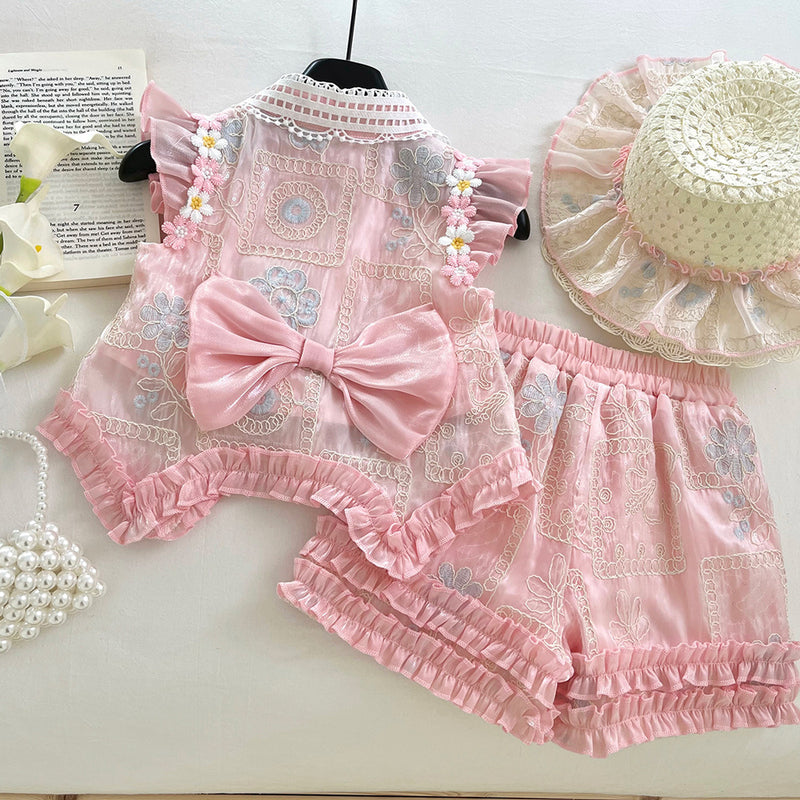 3D Flower Flying Sleeve Top Bow Lace Shorts Two-piece Set