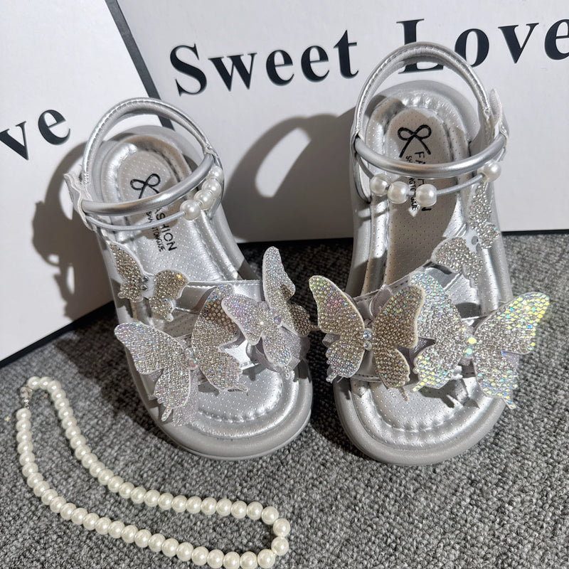 Girls Butterfly Sequins Sandals Summer Pearl Bow Princess Shoes