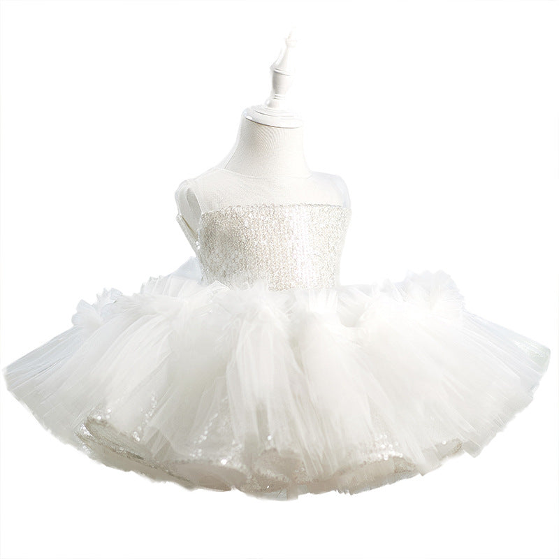 Girls White Birthday Princess Dress Flower Girl Wedding Sequin Dress